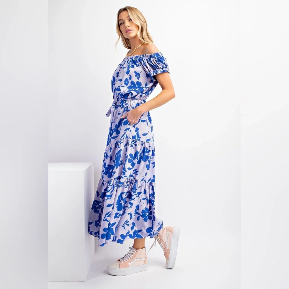NEW Easel Floral Print Off Shoulder Challis Maxi Dress Sz S Tie Waist Sundress - Picture 2 of 10